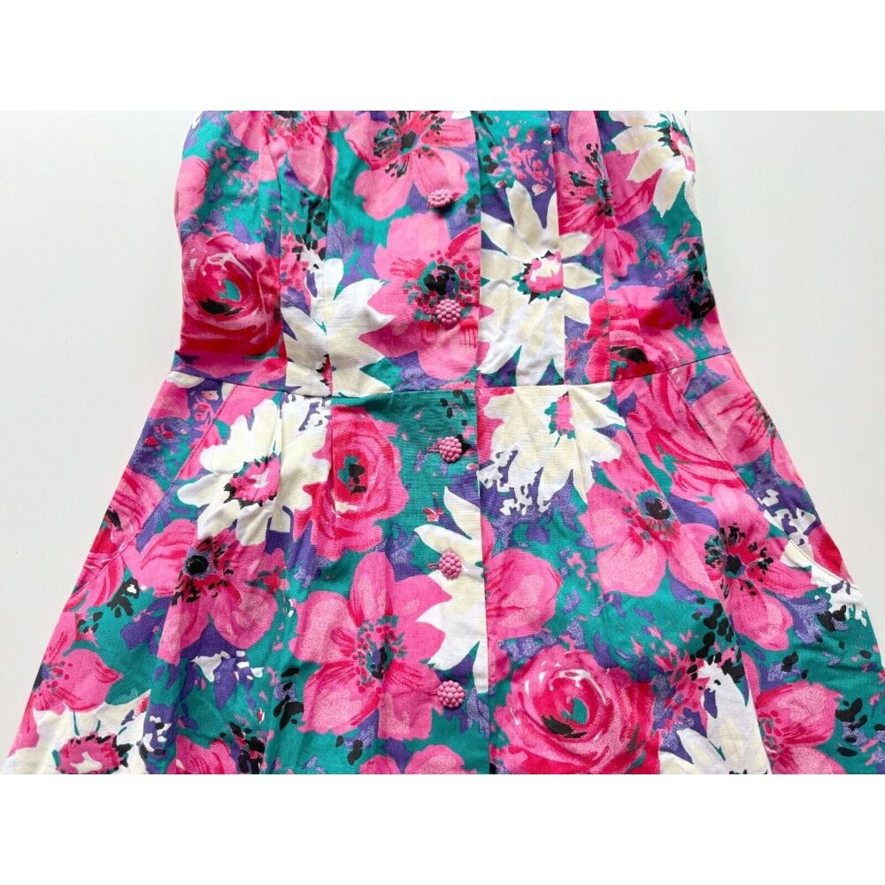 Vintage 80's CANNES Pink Floral Cotton Canvas Halter Midi Circle Dress, Size 14 - Picture 9 of 15